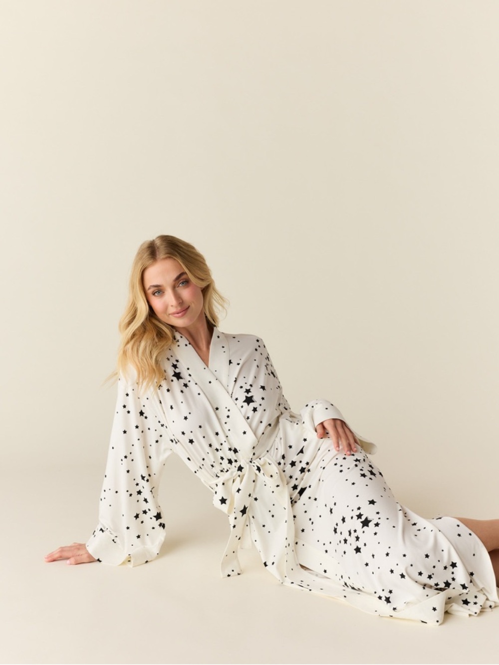 MASONgrey Kaia Cloud Jersey Kimono Robe White Stars XS Buttery Soft Lounge